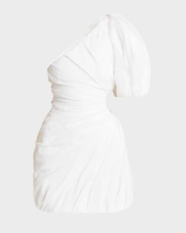 Asymmetric Draped Ramie Voile Mini Dress With Maxi Balloon Sleeve